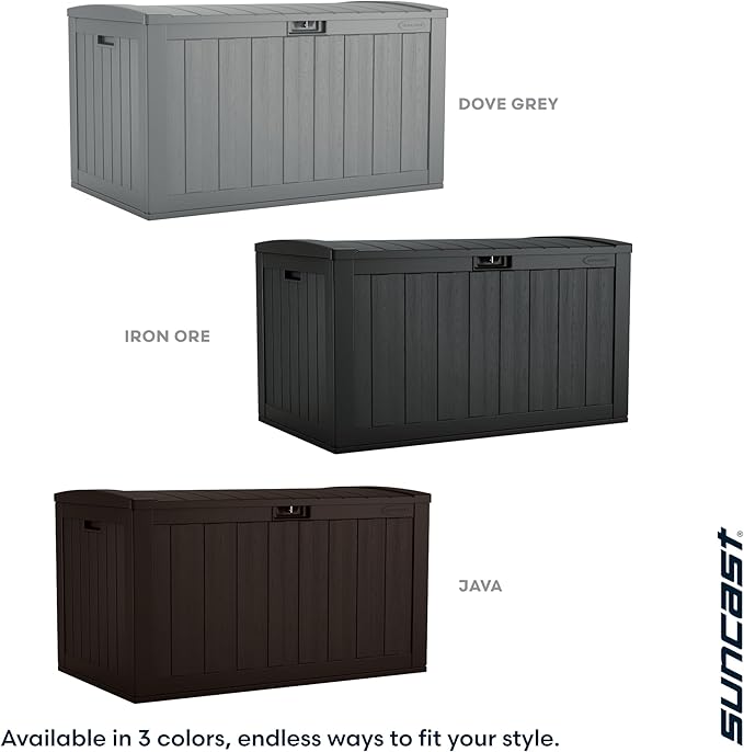 Suncast 134-Gal. Resin Extra-Large Outdoor Patio Deck Box with Pad-Lockable Lid, Modern Outdoor Patio Bench/Storage Box for Cushions, Garden Tools, and More, Iron Ore