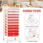 GOFLAME 10-Drawer Rolling Storage Drawer Cart, Utility Cart with Removable Drawers & Metal Frame, Mobile Art Craft Drawer Cart with Lockable Wheels for Home, Office, Studio, School, Pink
