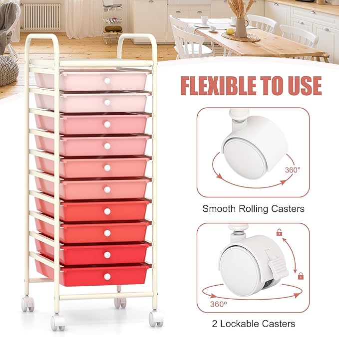 GOFLAME 10-Drawer Rolling Storage Drawer Cart, Utility Cart with Removable Drawers & Metal Frame, Mobile Art Craft Drawer Cart with Lockable Wheels for Home, Office, Studio, School, Pink