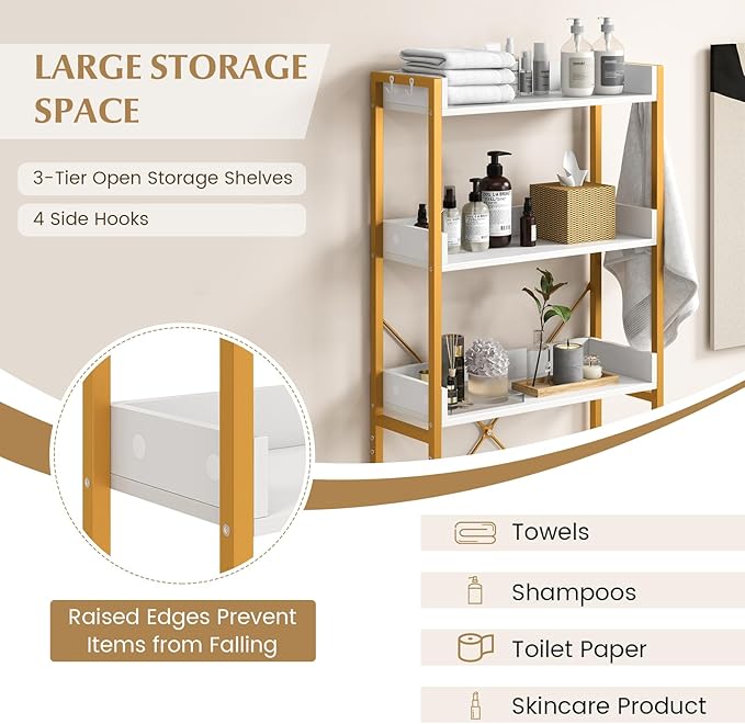 Tangkula Over The Toilet Storage, 3-Tier Toilet Rack Bathroom Space Saver with 4 Hooks & Adjustable Bottom Bar, Freestanding Bathroom Organizer Shelf Over Toilet for Restroom Balcony Laundry (White)