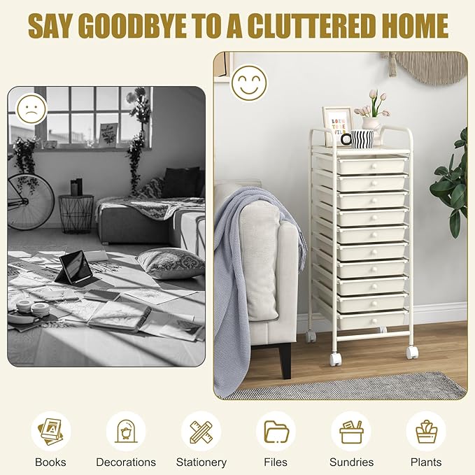 GOFLAME 10-Drawer Rolling Storage Drawer Cart, Utility Cart with Removable Drawers & Metal Frame, Mobile Art Craft Drawer Cart with Lockable Wheels for Home, Office, Studio, School, White