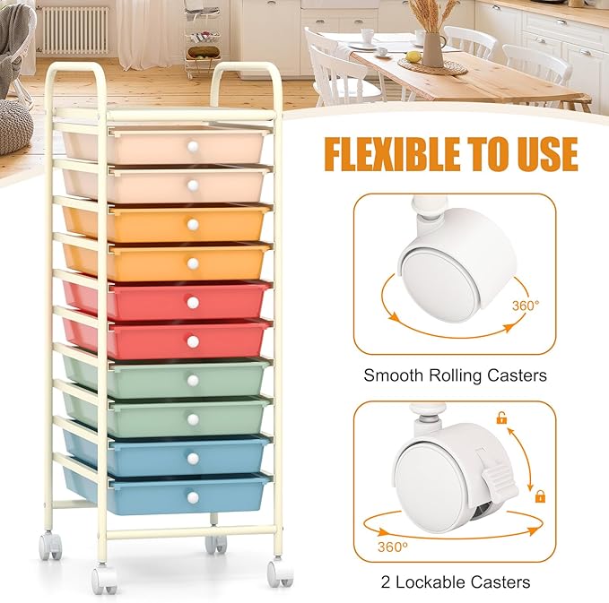 GOFLAME 10-Drawer Rolling Storage Drawer Cart, Utility Cart with Removable Drawers & Metal Frame, Mobile Art Craft Drawer Cart with Lockable Wheels for Home, Office, Studio, School, Macaron Color