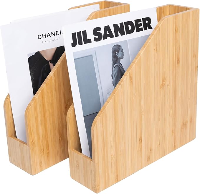2 Pack Bamboo File Folder Holder Book Holder Frames Document Cabinet Rack Storage Organizer Small Magazine Shelf for Home ,Office