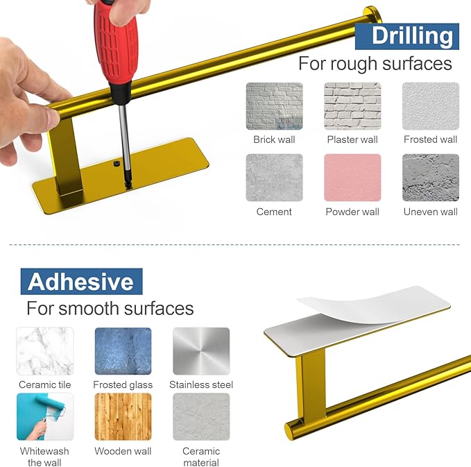 Paper Towel Holder Under Cabinet, Gold Adhesive Paper Towel Holder Wall Mount for Kitchen, Bathroom, RV, Bend-Resistant, Self-Adhesive or Drill mounting, Stainless Steel, 2 Pack