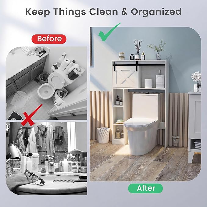 Giantex Over The Toilet Storage Cabinet - Freestanding Bathroom Organizer with Sliding Barn Door & Storage Shelves, Multifunctional Toilet Rack for Restroom, Laundry (White)