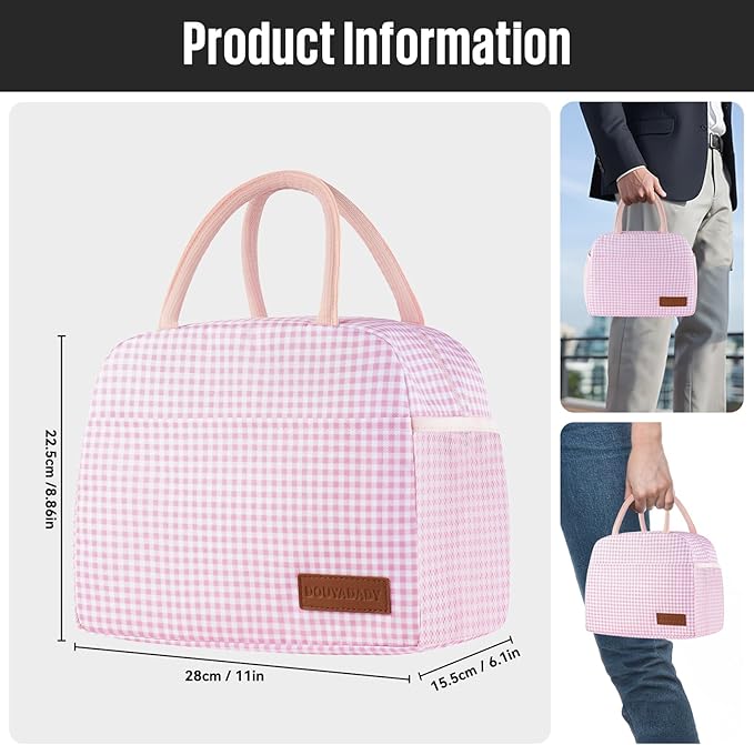 Lunch Bag Women/Men Lunch Box Women/Men (Pink+White Grid)