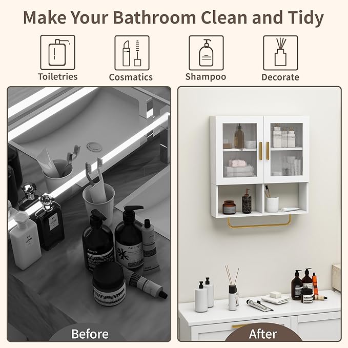 Wall Mounted Bathroom Storage Cabinet Medicine Cabinet with Acrylic Doors & Towel Bar Adjustable Shelves for Bathroom, Laundry Room, Bedroom, Enterway