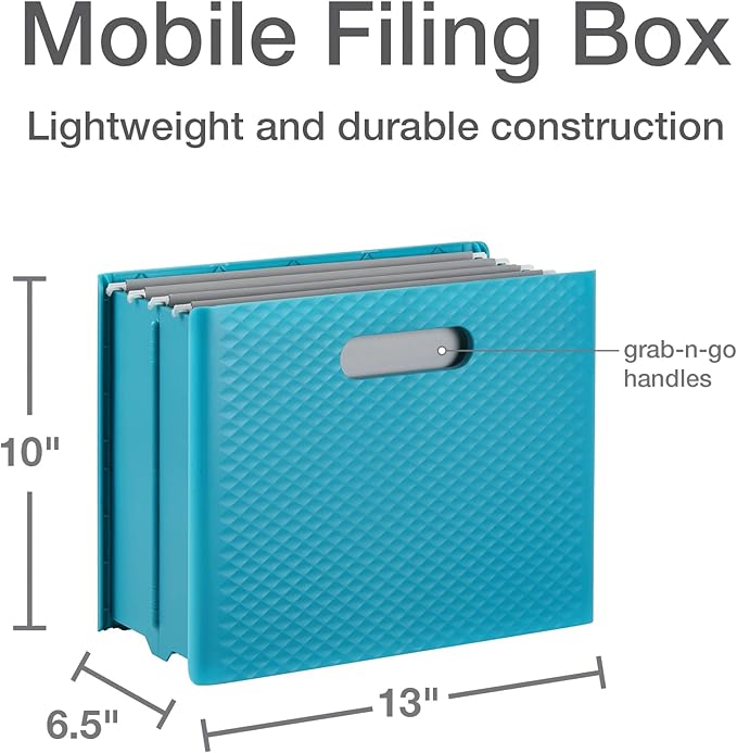 Pendaflex Mobile File Box with Handles, Portable Document Storage, File Bin for Home and Office, Easy Set Up, Collapse Down and Store Away, 13"W x 10"H x 6.5"D, Holds Letter Size Files, Teal (126120)