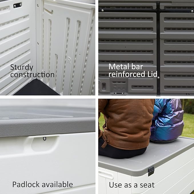 110 Gallon Deck Box Waterproof with Wheels - Mobile Double-Wall Resin Outdoor Storage Box for Patio, Pool, & Garden - Lockable Deck Storage for Cushions, Pool Floats, Boat Slip (Off-White)