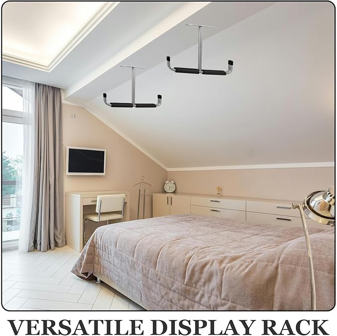 NUOBESTY Garage Ceiling Mounted Storage Rack with T-shaped Hooks, Metal Fishing Rod Holder and Bike Hanging Rack for Garage Organization and Overhead Storage, Silver