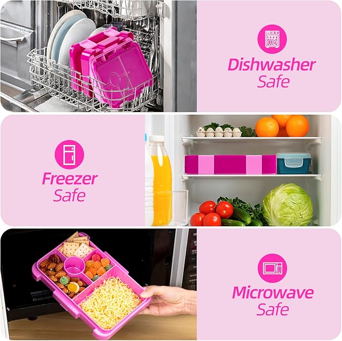 Bento Lunch Box for Kids, 6 Compartments BPA Free, Dishwasher Safe Back to School Snack Bento Lunch Containers Boxes, Ideal Portion Sizes for On-the-Go Meal, Ages 3+, School, Rose Red