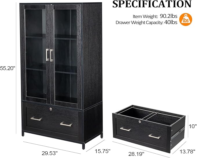 VINGLI Lateral File Cabinet with Glass Doors and Locking Drawer for Hanging File Folders, Bookshelf with Adjustable Shelves for Home Office (Black, 30''W x 16''D x 55''H)