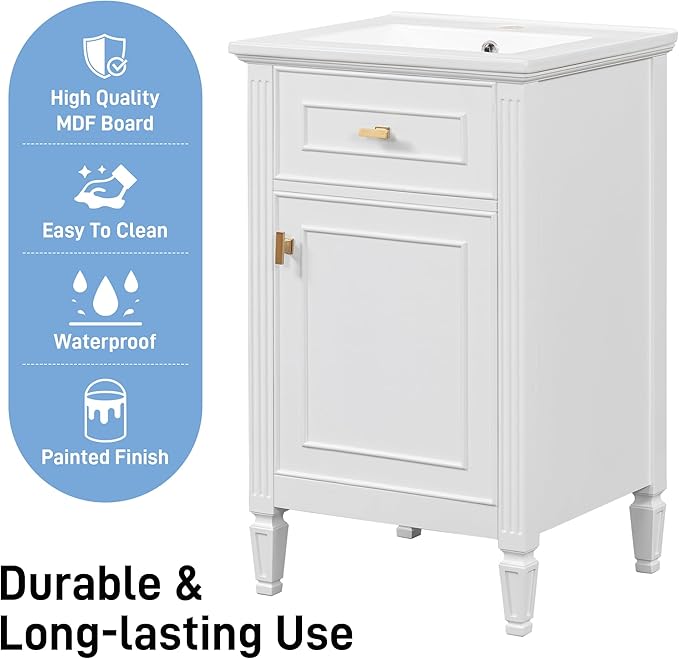 20 in Small Bathroom Vanity with Sink,Soft Closing Door,Tilt-Out Drawer and Adjustable Shelf,Solid Wood Modern Single Bathroom Sink Cabinet,Freestanding (White)