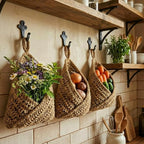 Honeydak Boho Decor Hanging Wall Baskets for Kitchen 3 Pack Teardrop Baskets with Hooks Storage Fruit Onion Vegetable Potato for Home 3 Sizes(Linen,Triangle,Jute)
