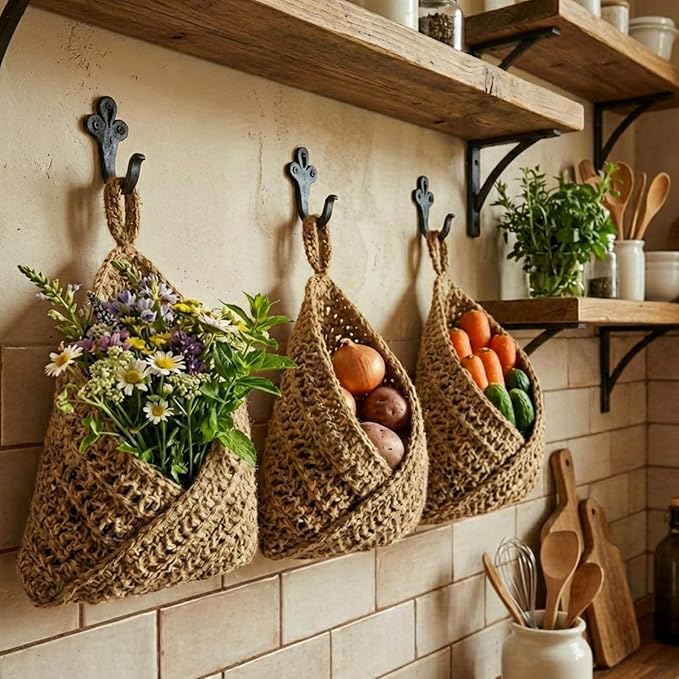 Honeydak Boho Decor Hanging Wall Baskets for Kitchen 3 Pack Teardrop Baskets with Hooks Storage Fruit Onion Vegetable Potato for Home 3 Sizes(Linen,Triangle,Jute)