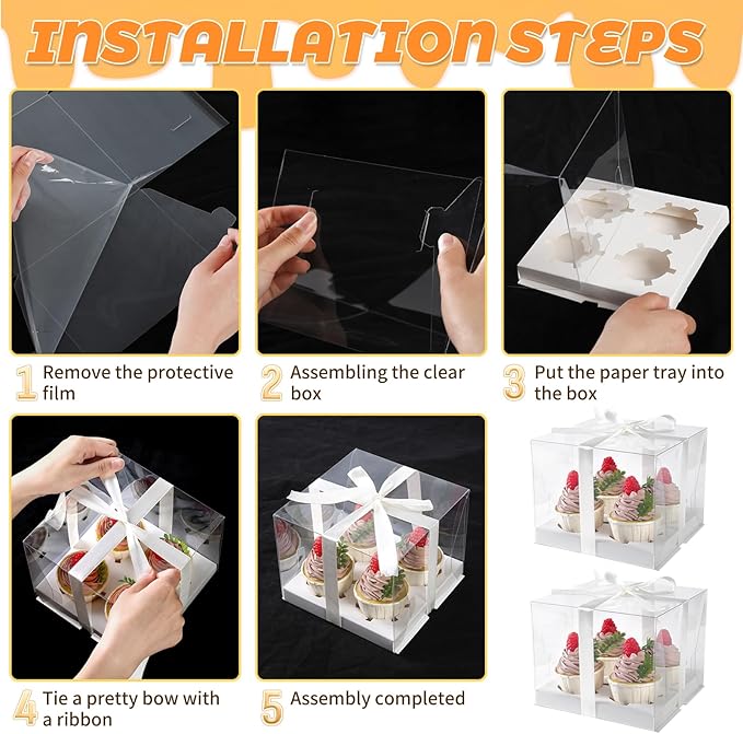 JCD 4Pack Clear Cupcake Boxes, 4 Count Cupcake Containers with Gift Ribbon,5.3inches height Plastic Cupcake Carrier Holder for Treat Dessert Cookies Muffins Pastry Baby Shower Party(4count/4pcs)