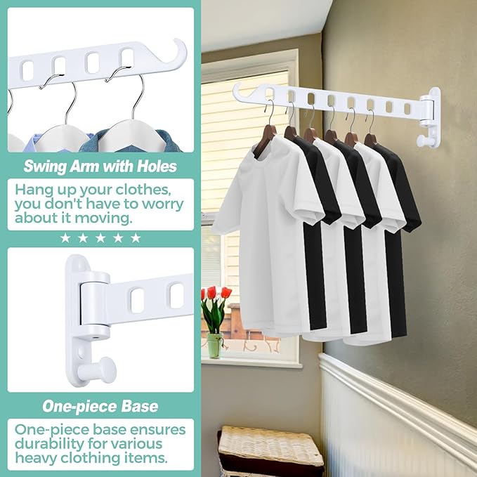 Wall Mounted Clothes Hanger with Swing Arm - 8-Hole Laundry Room Drying Rack | 180° Rotation & Space Saving for Hanging Clothes | Swing Away Coat Hanger | Aluminium(2-Pack, White)