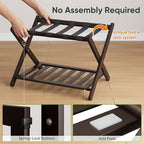 Fully Assembled Bamboo Luggage Rack, Folding Suitcase Stand with 5 Nylon Straps, Luggage Holders with Shelf, Ideal for Guest Room, Bedroom, Hotel, Espresso