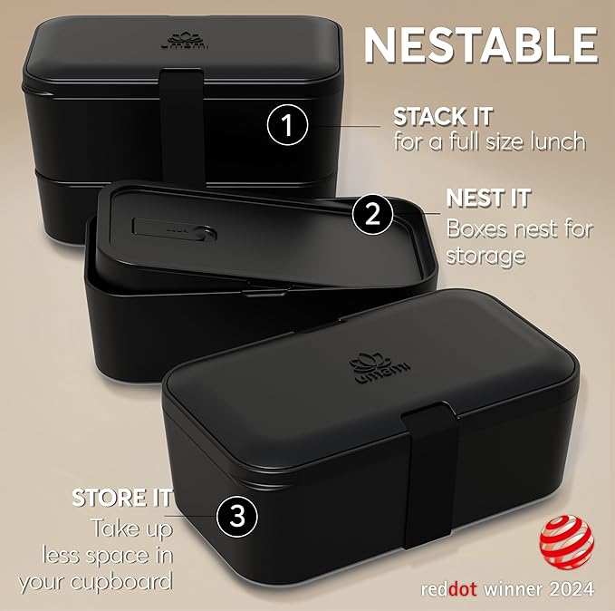 Umami Lunch Box Containers w/ 4 Utensils, 2 Sauce Jars, Nestable Space-Saving Bento Box Adult, 100% Leakproof, Microwavable Lunch Containers for Adults, Design Award Winner, Onyx Black, 50 oz