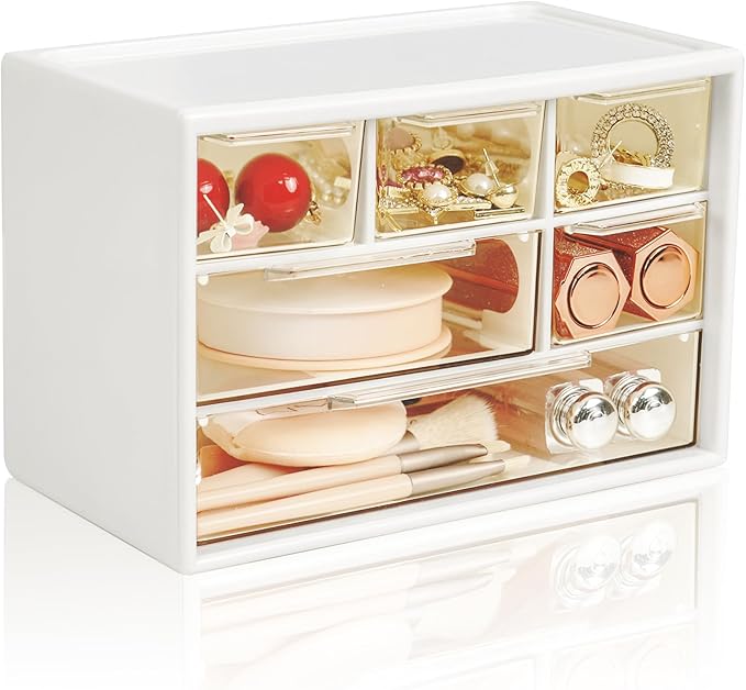 Mini Desk Storage Organizer with 6 Drawers, FODIENS Stackable Desktop Craft Drawer Cabinet, Clear Storage Box Caddy for Makeup Jewelry Office Craft Supplies (White)
