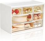 Mini Desk Storage Organizer with 6 Drawers, FODIENS Stackable Desktop Craft Drawer Cabinet, Clear Storage Box Caddy for Makeup Jewelry Office Craft Supplies (White)