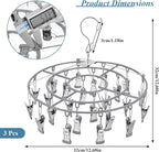 3 Pack Stainless Steel Foldable Round Hanging Drying Rack with 24 Clips, Swivel Hook Wind-Proof Clothes Hanger, Clothes Drying Rack for Laundry, Sock, Bras, Underwear, Laundry Accessories