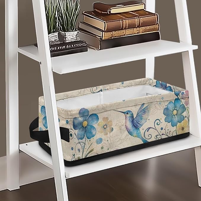 Toilet Paper Storage Basket Lightweight Collapsible Storage Bin for Toiletries Small Items, Multi-Use Baskets for Bathroom Office Organization, Blue Hummingbird Flower Retro