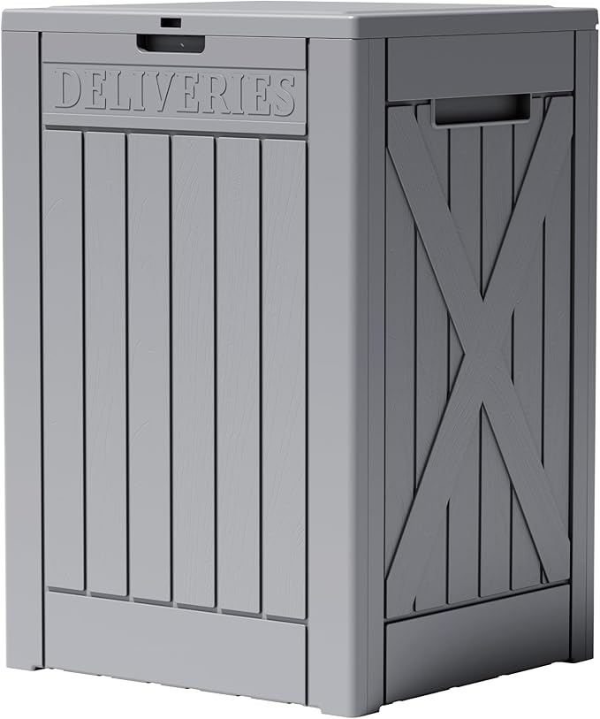 Greesum 52 Gallon Large Outdoor Package Delivery Box for Porch, Lockable Secure Double-Wall Resin Storage Bin, Waterproof Deck Container for Package Protection, Gray