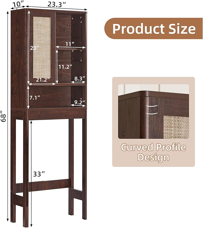 LEYAOYAO Rattan Over The Toilet Storage Cabinet, Farmhouse Over Toilet Bathroom Organizer with Sliding Door, 68" Tall Freestanding Washer Shelf with Adjustable Shelf & Curved Profile, Walnut