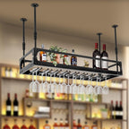 Industrial Wine Rack Ceiling Mounted, 110 lbs Heavy Duty, Adjustable Height, Holds 27 Glasses, Vintage Iron Floating Shelf for Kitchen, Bar, Restaurant (Black)