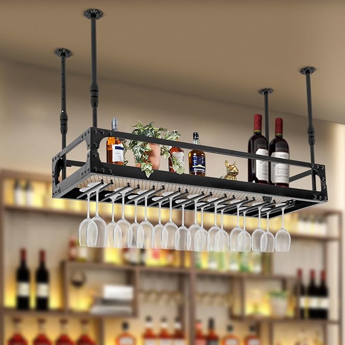 Industrial Wine Rack Ceiling Mounted, 110 lbs Heavy Duty, Adjustable Height, Holds 27 Glasses, Vintage Iron Floating Shelf for Kitchen, Bar, Restaurant (Black)