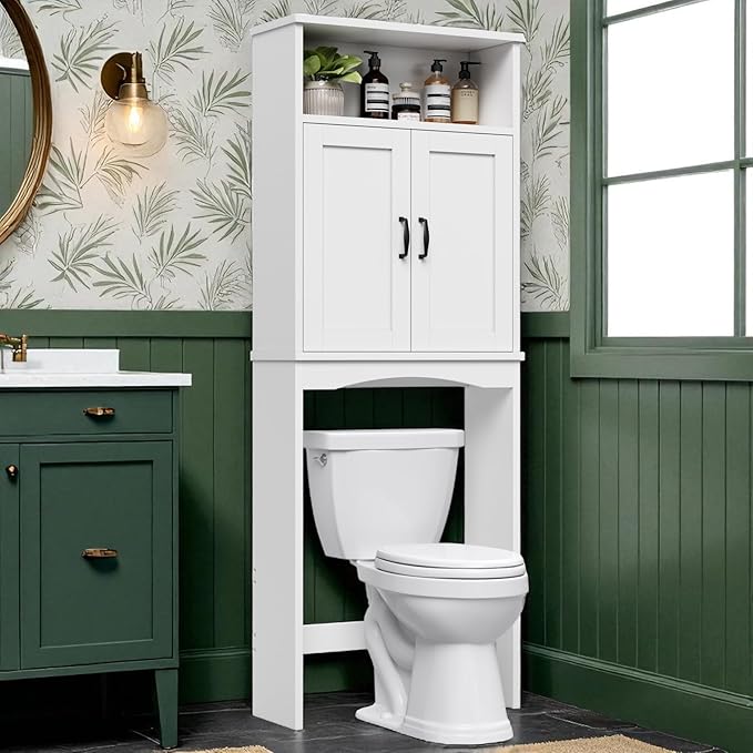 Over The Toilet Storage Cabinet, Over The Toilet Cabinet Bathroom with Adjustable Shelf and Double Door, Over The Toilet Storage for Bathroom Over The Toilet Organizer, White