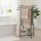 HAITRAL 42" H Standing Towel Rack, 3 Tiers Towel Holder with Basket, Bathroom Freestanding Towel Rack with 360° Anti-Skid Wheels, Multi-Use for Towel, Blanket, Clothes, Indoor/Outdoor (Black)