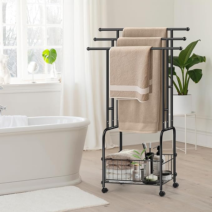 HAITRAL 42" H Standing Towel Rack, 3 Tiers Towel Holder with Basket, Bathroom Freestanding Towel Rack with 360° Anti-Skid Wheels, Multi-Use for Towel, Blanket, Clothes, Indoor/Outdoor (Black)