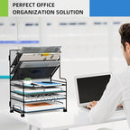 4-Tier Paper Organizer + 3-Pocket File Holder + Drawer + Pen Holders, Desktop File Organizers Paper Tray for Office Supplies School Classroom Organization (Black, No Drawer & Pen Holder)