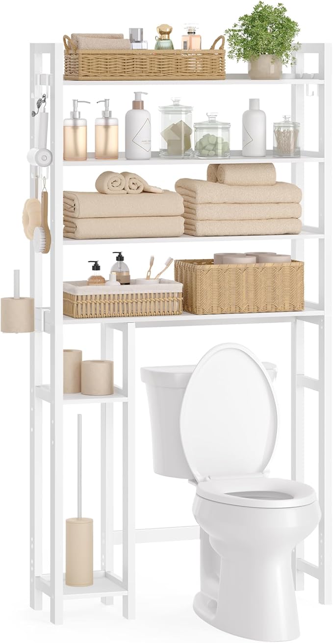 SONGMICS Over the Toilet Storage, 4-Tier Over Toilet Bathroom Organizer with Adjustable Shelves, 26 x 83 x 185 cm, Space-Saving, Cloud White UBTS017W01