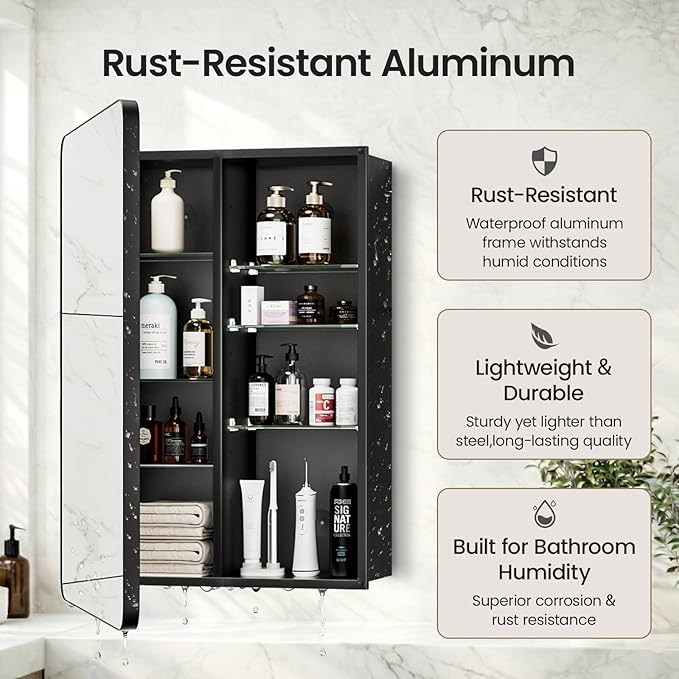Large Medicine Cabinet 24x32 Inch, Matte Black Aluminum Bathroom Mirror Cabinet with Storage, 6 Adjustable Glass Shelves, Rust Proof Recessed or Surface Mount, Heavy-Duty Soft Close