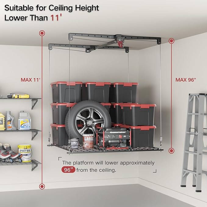 Overhead Garage Storage Lift, 4x4 Ft Ceiling Storage, Heavy-duty Ceiling Mounted Lift System, 250lbs Weight Capacity