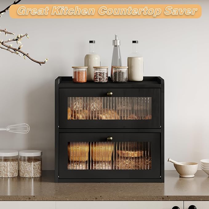 Double Layer Large Bread Box for Kitchen Counter, Wooden Corner Bread Storage Container with Acrylic Window, Black