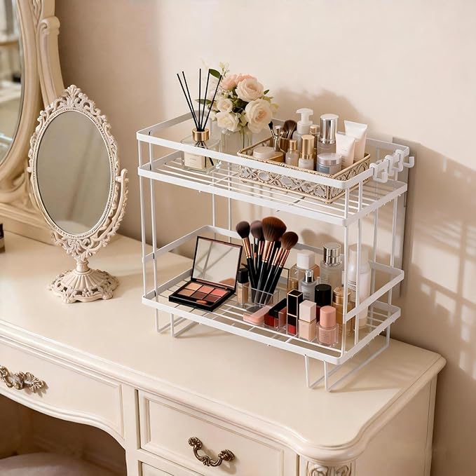 Bathroom Organizer Shelf - Over The Toilet Storage Rack, 2-Tier Floating Shelves with Hooks, No-Drill, Toilet Paper Holder for Restroom Bathroom Vanity Kitchen (White, 2 Tier)