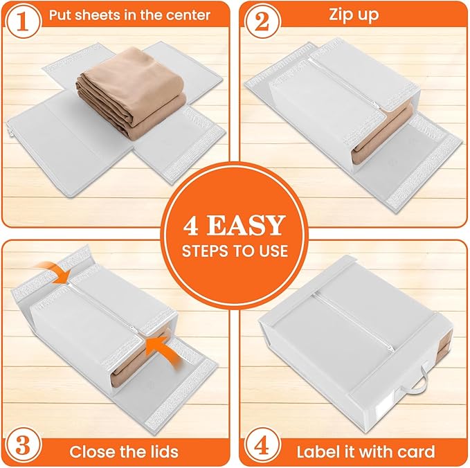 WOWBOX Sheet Organizers and Storage,Closet Bed Sheet Organizer Under Bed Storage and Organization with Label Cards & Clear Window for Bedding Sheets,Duvet Covers,Blankets (6 Pack，White)