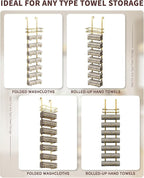 Hanging Towel Racks for Bathroom No Drill - Over The Door 8-Tier Bath Towel Storage Organizer for Small Bathrooms - Back Door Large Tiered Towel Holder Hanger for Rolled Towels RV Camper Gold