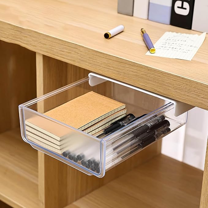 Self-adhesive Under Desk Drawer Organizer, Table Hidden Slide Out Large Storage Mounted Desktop Pencil Holder Tray Drawers for Office Home School Stationery Kitchen (White)