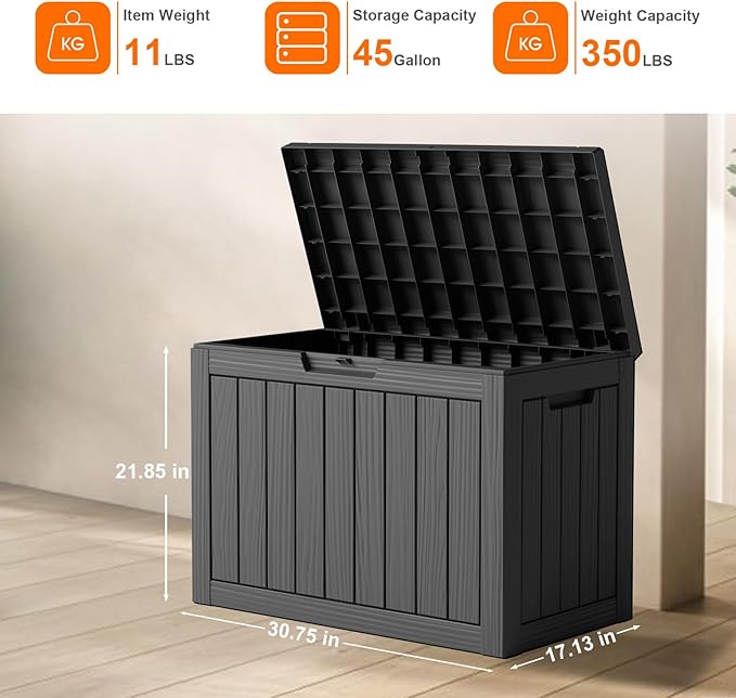 Vixzen 45 Gallon Waterproof Resin Deck Box, UV Resistant Outdoor Storage for Garden, Patio, Porch, Delivery, Black