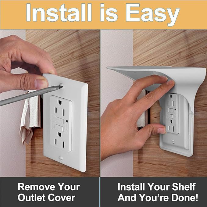 2 Pac White Double Wall Outlet Shelf-Home Wall Shelf Organizer for Outlets, Perfect for Bathroom, Kitchen, Bedrooms with Cord Management and Easy Installation