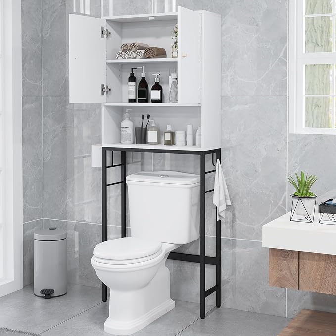 Tangkula Over The Toilet Storage Cabinet, Bathroom Space Saver Organizer with 2 Doors, Metal Stand, 2 Side Hooks, Freestanding Above Toilet Storage Cabinet for Restroom Laundry (White)