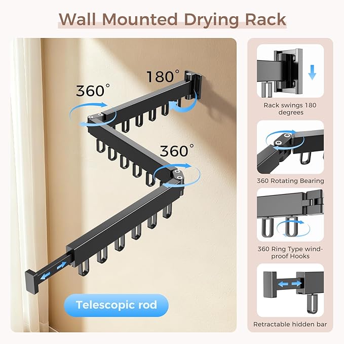 Wall Mounted Clothes Drying Rack, Space-Saving Foldable Clothes Drying Rack, Wall Clothes Hanger with 18 Hooks for Indoor & Outdoor Use in Laundry Room, Bathroom & Balcony