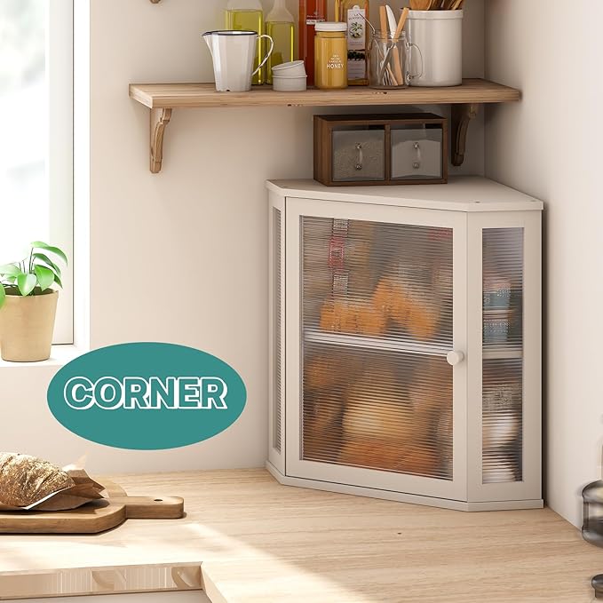 Corner Bread Box for Kitchen Counter, Bamboo Wood Large Capacity Bread Storage Bin with Acrylic Wavy Door Panel (White, Extra Large)