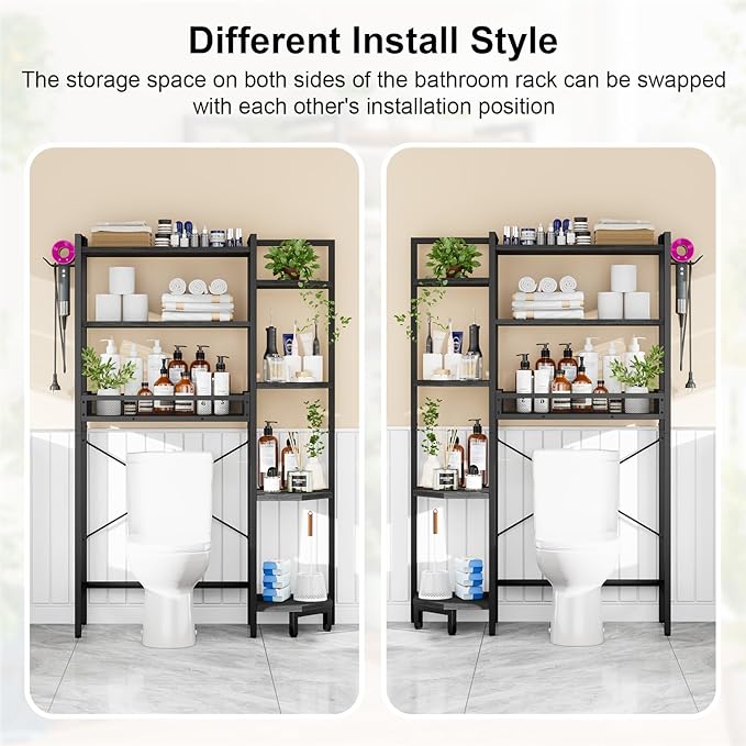 K1 Heavy Duty 7-Tier Over The Toilet Storage（with Basket and Paper Hook） Freestanding Above Toilet Shelf with Adjustable Feet，Space Saver Bathroom Shelves 9.3" D x 33.5" W x 63.8" H，Black