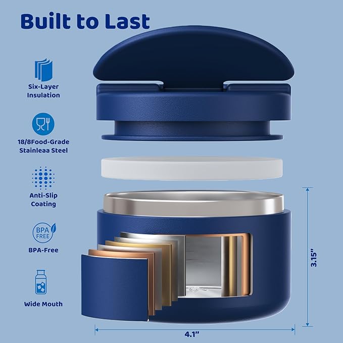 12oz Soup Thermo for Hot Food Kids Vacuum Insulated Food Jar Twist-Free Soup Thermo for Hot Food Kids Leakproof Stainless Steel Wide Mouth Lunch Container Blue